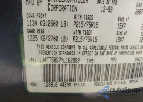 2000 Jeep Cherokee Classic из США, поврежденный, VIN 1J4FT58S7YL182899